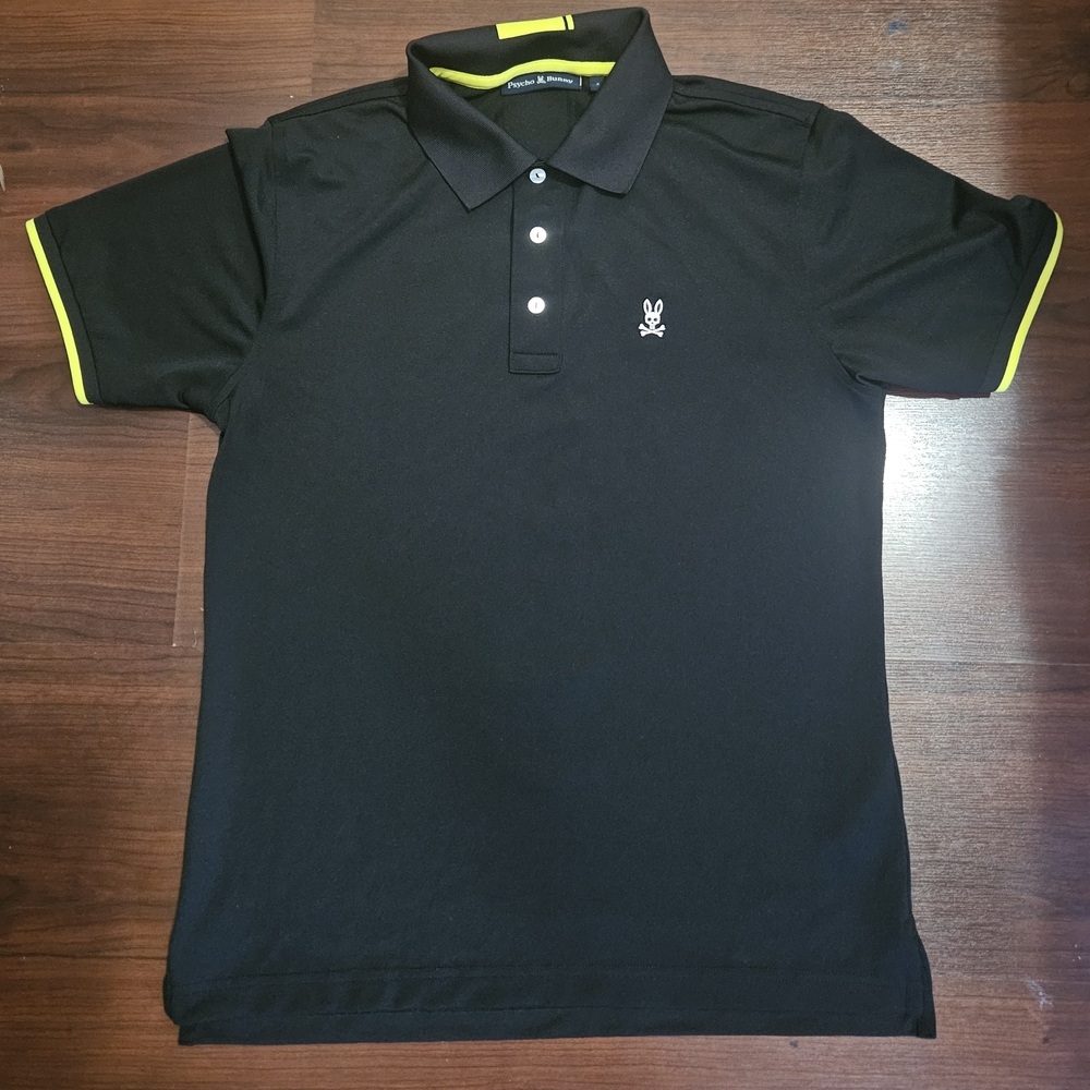 Psycho Bunny Black Polo Shirt with Yellow Trim. Logo In Back Size 4/small